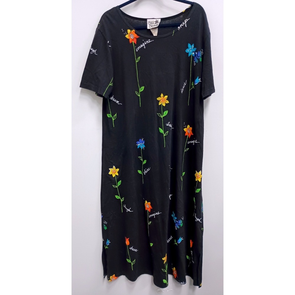 VTG Copa Cabana Wearable Art Maxi Dress Womens Large Black Floral Imagine Dream - Picture 1 of 10